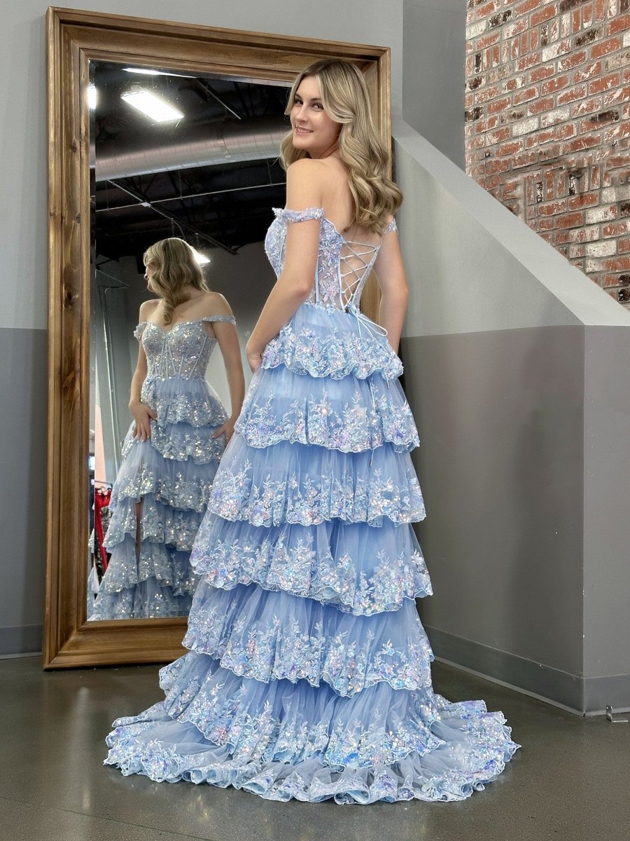 Capri | Blue Crystal Sequins Princess A Line Off the Shoulder Prom Dress with Lace Ruffles - KissProm