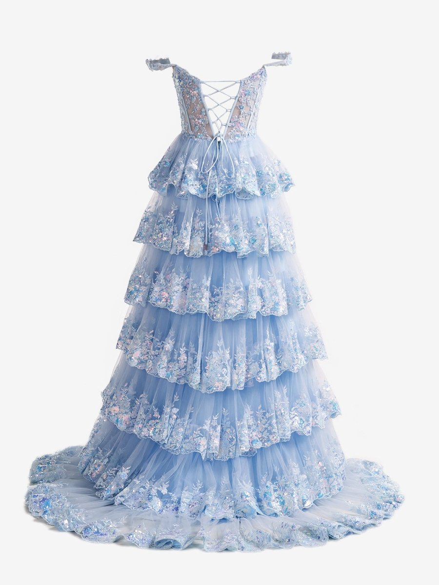 Blue Crystal Sequins Princess A Line Off the Shoulder Prom Dress with Lace Ruffles Blue / 20 Blue Crystal Sequins Princess A Line Off the Shoulder Prom Dress with Lace Ruffles Blue / 20