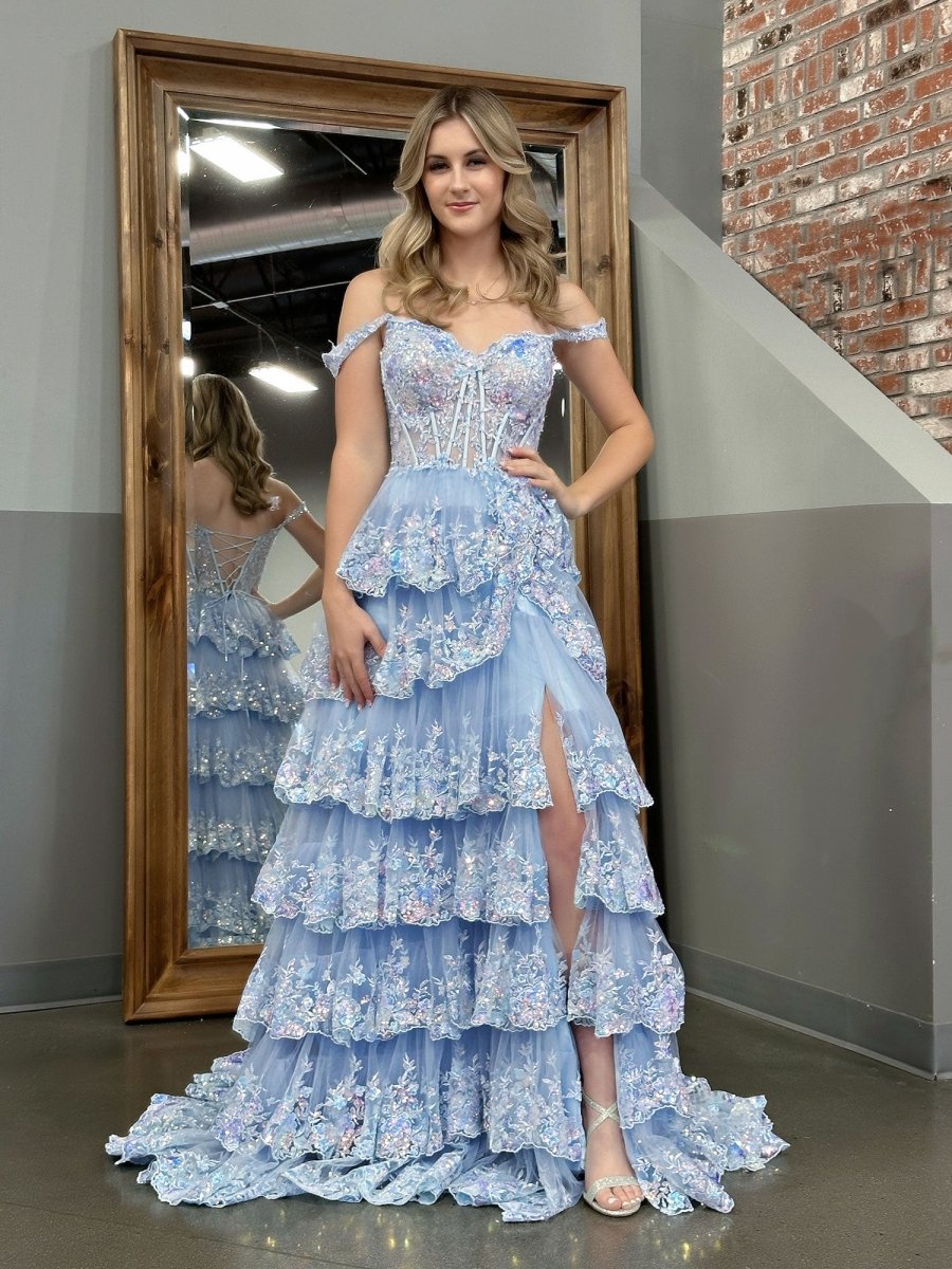 knee length dresses for ladies Long Light Blue Prom Dresses Butterfly Lace Off The Shoulder main image 0