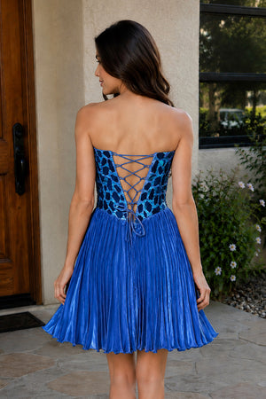 Red Cut Glass Mirror Strapless A-Line Gathered Party Dress - KissProm 