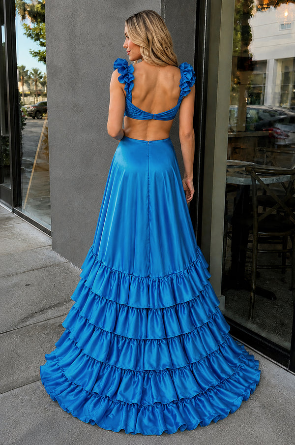 Blue Cutout Ruffle A-Line Long Prom Dress with Slit - KissProm 