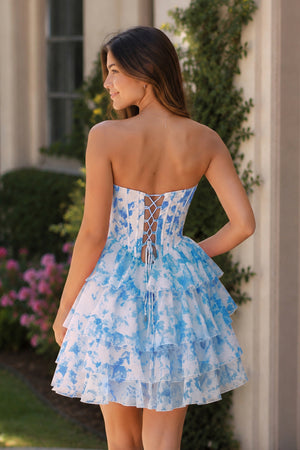 Blue A Line Sweetheart Floral Chiffon Ruffles Homecoming Dress With Beading - KISSPROM