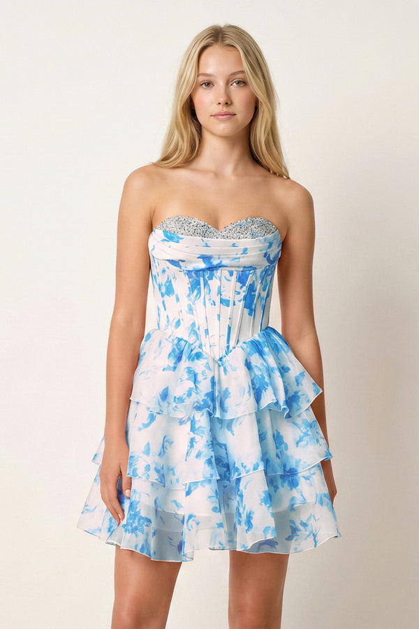 Blue A Line Sweetheart Floral Chiffon Ruffles Homecoming Dress With Beading - KISSPROM