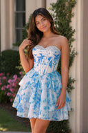 Blue A Line Sweetheart Floral Chiffon Ruffles Homecoming Dress With Beading - KISSPROM