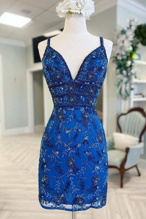Blue Floral Lace Beaded Lace-Up Back Cocktail Dress Blue Floral Lace Beaded Lace-Up Back Cocktail Dress