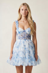 Blue Floral Printed Spaghetti Straps A-Line Short Corset Homecoming Dress - KissProm