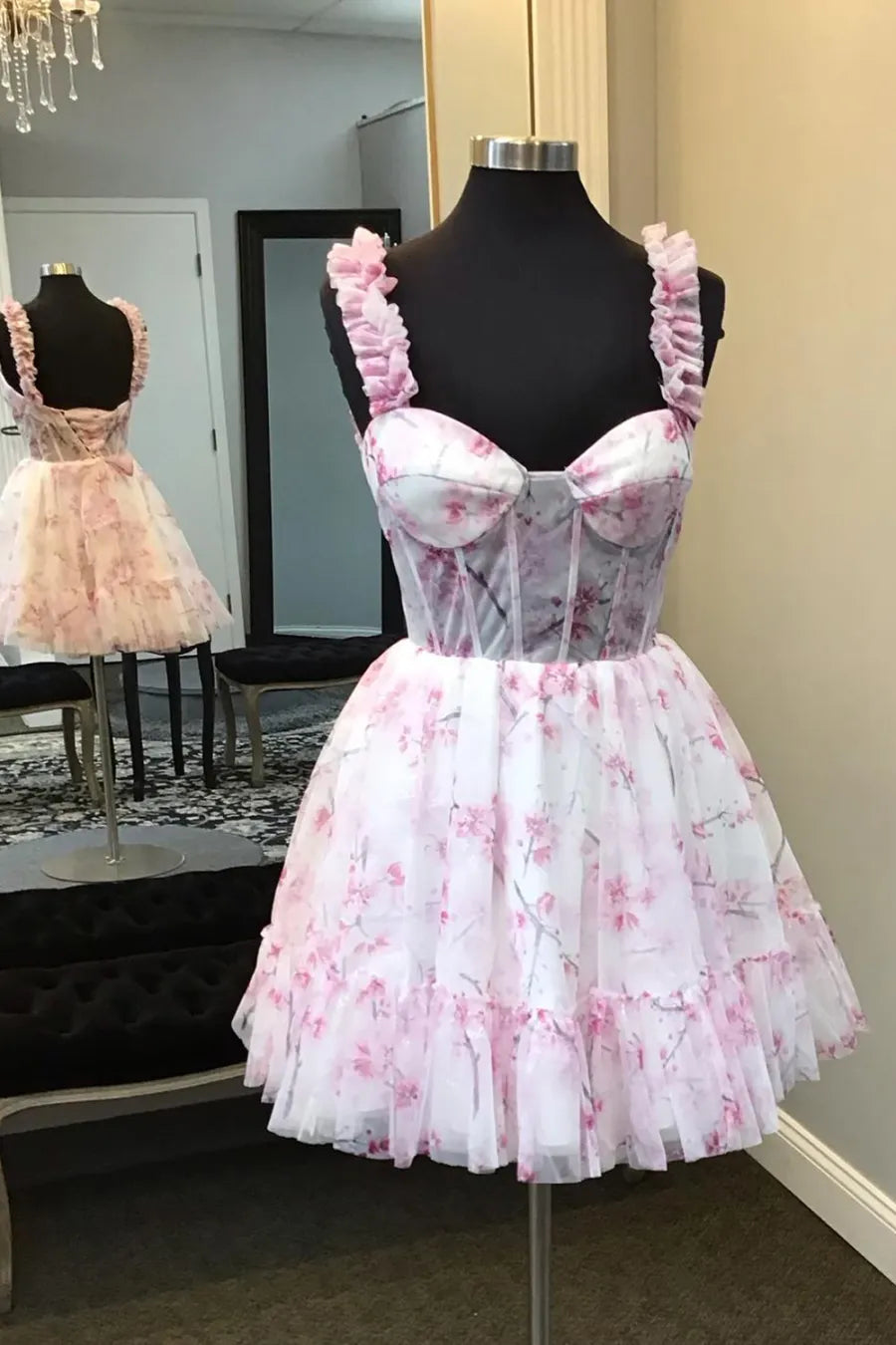 Blue Floral Printed Spaghetti Straps A-Line Short Corset Homecoming Dress - KissProm