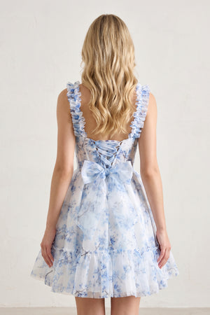 Blue Floral Printed Spaghetti Straps A-Line Short Corset Homecoming Dress - KissProm
