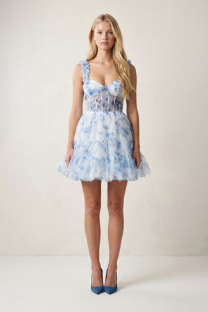 Blue Floral Printed Spaghetti Straps A-Line Short Corset Homecoming Dress - KissProm