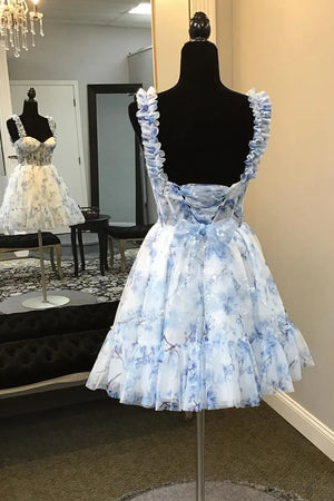Blue Floral Printed Spaghetti Straps A-Line Short Corset Homecoming Dress