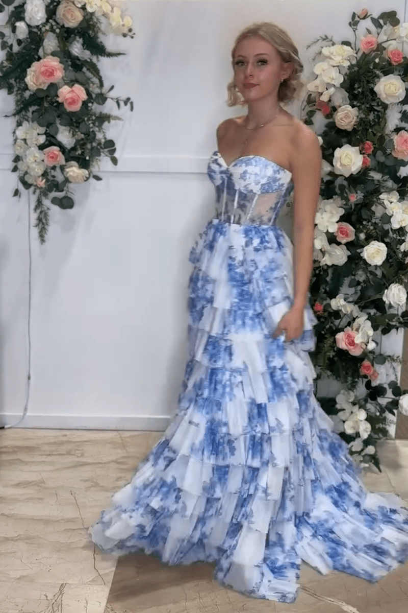 Blue Floral Printed Sweetheart Chiffon Tiered A-Line Long Corset Prom Dress, Sky Blue / Custom Size Blue Floral Printed Sweetheart Chiffon Tiered A-Line Long Corset Prom Dress, Sky Blue / Custom Size