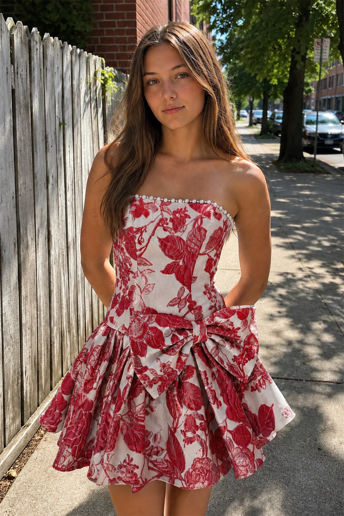 KissProm Blue Flower Jacquard Strapless A-Line Bowknot Homecoming Dress With Pearl, Red / 10