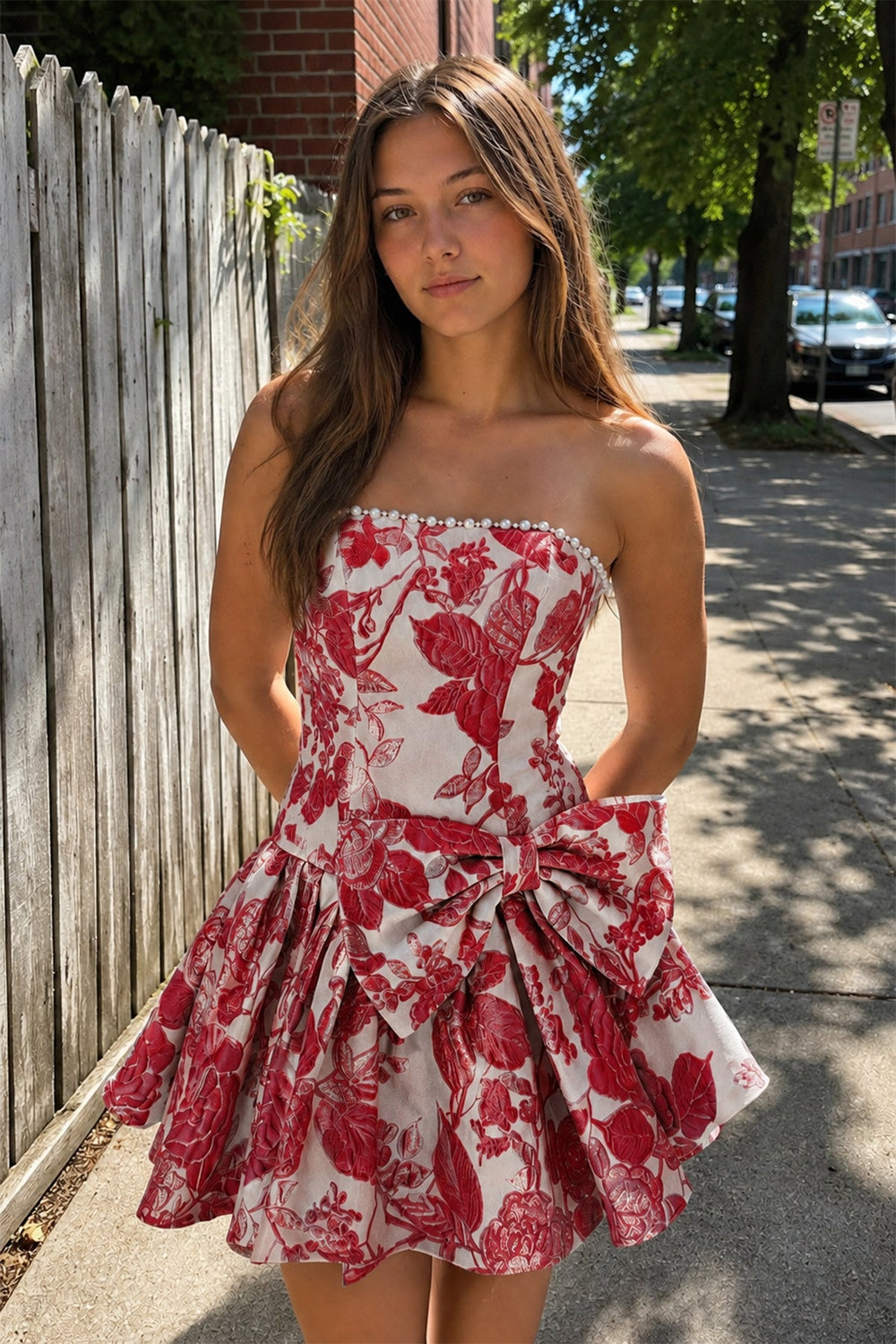 Red Flower Jacquard Strapless A-Line Bowknot Homecoming Dress With Pearl | KISSPROM