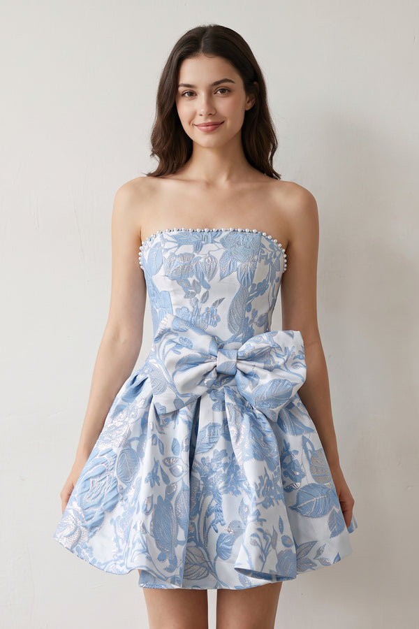 Blue Flower Jacquard Strapless A-Line Bowknot Homecoming Dress With Pearl (3) | KISSPROM