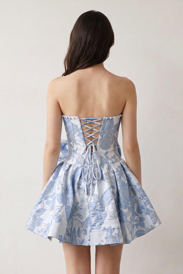 Blue Flower Jacquard Strapless A-Line Bowknot Homecoming Dress With Pearl (4) | KISSPROM