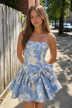 Blue Flower Jacquard Strapless A-Line Bowknot Homecoming Dress With Pearl - KissDress