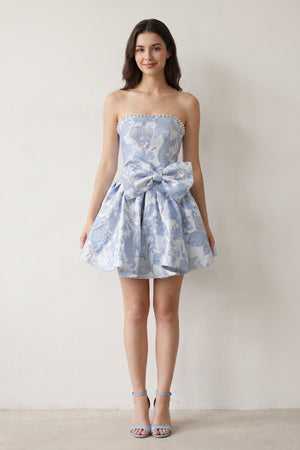 Blue Flower Jacquard Strapless A-Line Bowknot Homecoming Dress With Pearl (5) | KISSPROM