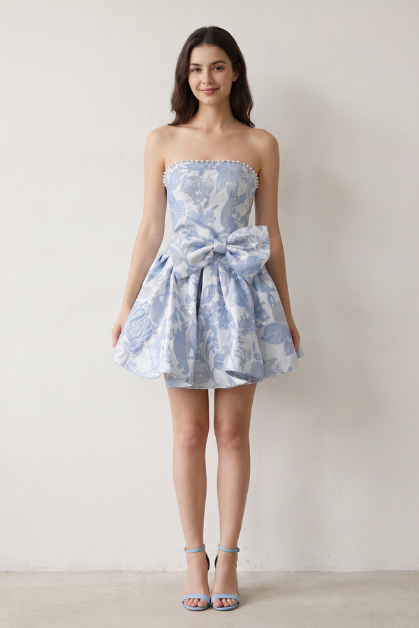 Blue Flower Jacquard Strapless A-Line Bowknot Homecoming Dress With Pearl (5) | KISSPROM