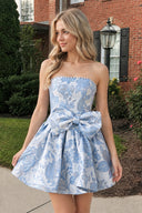 Blue Flower Jacquard Strapless A-Line Bowknot Homecoming Dress With Pearl | KISSPROM