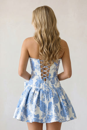 Blue Flower Jacquard Strapless A-Line Bowknot Homecoming Dress With Pearl – Homecoming Dress by KissProm | Available at KissProm