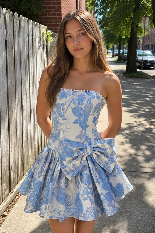 KissProm Blue Flower Jacquard Strapless A-Line Bowknot Homecoming Dress With Pearl, Blue / 14