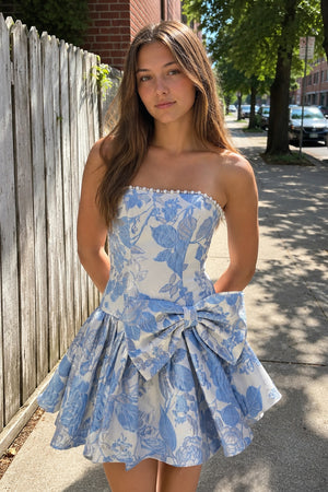 Blue Flower Jacquard Strapless A-Line Bowknot Homecoming Dress With Pearl – Homecoming Dress by KissProm | Available at KissProm
