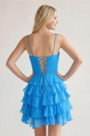Blue Spaghetti Straps A Line Chiffon Ruffles Homecoming Dresses With Bow-KISSPROM