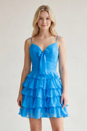 Blue Spaghetti Straps A Line Chiffon Ruffles Homecoming Dresses With Bow-KISSPROM