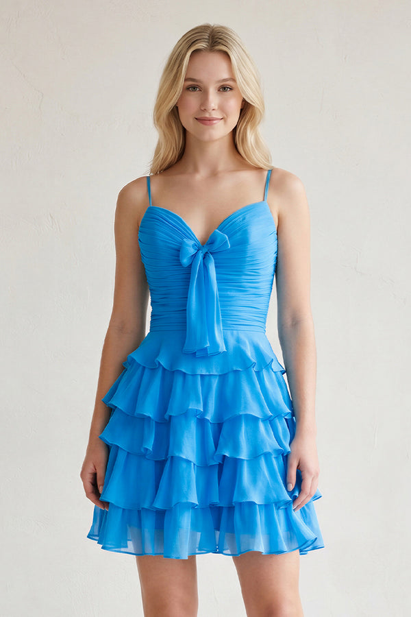 Blue Spaghetti Straps A Line Chiffon Ruffles Homecoming Dresses With Bow-KISSPROM