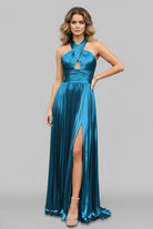 Blue Halter Neck A - Line Long Prom Dress With Split - KissProm