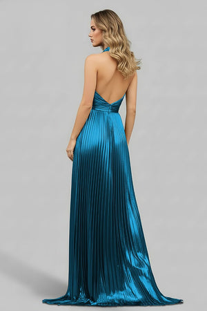 Blue Halter Neck A - Line Long Prom Dress With Split - KissProm