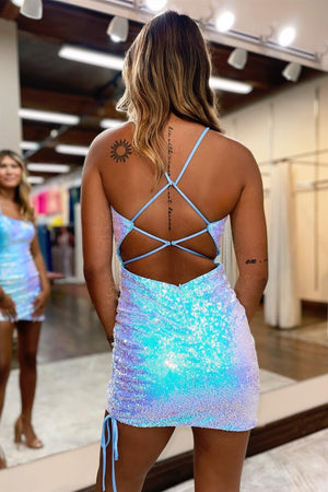 Blue Iridescent Sequins Lace-Up Bodycon Mini Party Dresses Blue / 2 Blue Iridescent Sequins Lace-Up Bodycon Mini Party Dresses Blue / 2