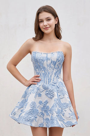 Blue Jacquard A-Line Strapless Corset Homecoming Dress With Pearl | KISSPROM