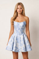 Blue Jacquard A-Line Strapless Corset Homecoming Dress With Pearl - KISSPROM