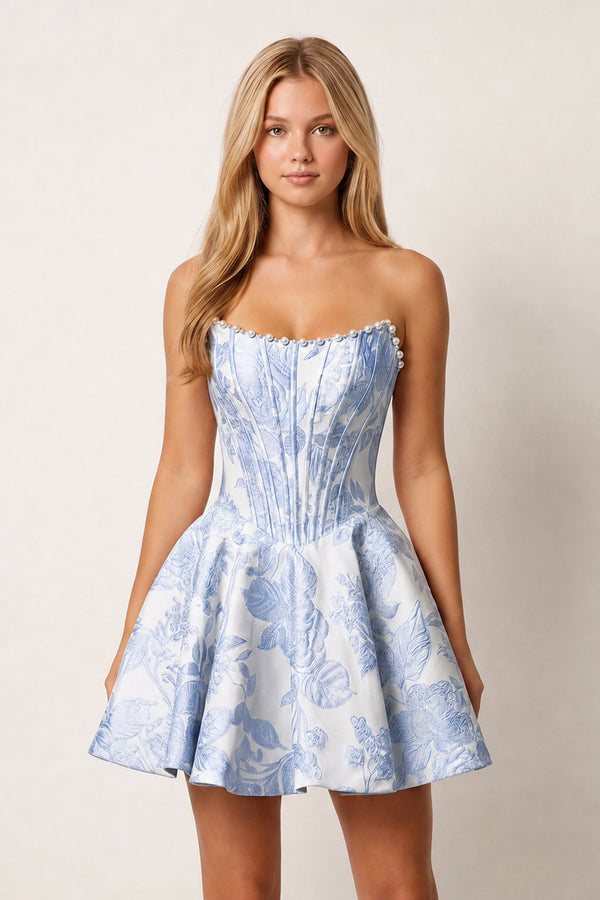 Blue Jacquard A-Line Strapless Corset Homecoming Dress With Pearl - KISSPROM