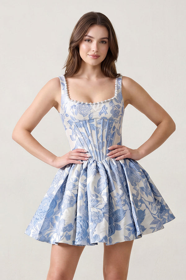 Blue Jacquard Square Neck Corset A-Line Homecoming Dress With Pearl – Homecoming Dress by KissProm | Available at KissProm
