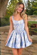 Blue Jacquard Square Neck Corset A-Line Homecoming Dress With Pearl – Homecoming Dress by KissProm | Available at KissProm