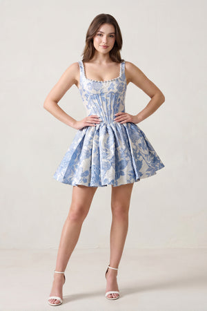 Blue Jacquard Square Neck Corset A-Line Homecoming Dress With Pearl – Homecoming Dress by KissProm | Available at KissProm