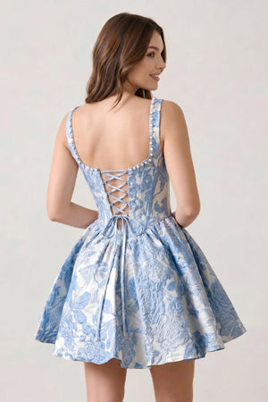 Blue Jacquard Square Neck Corset A-Line Homecoming Dress With Pearl – Homecoming Dress by KissProm | Available at KissProm