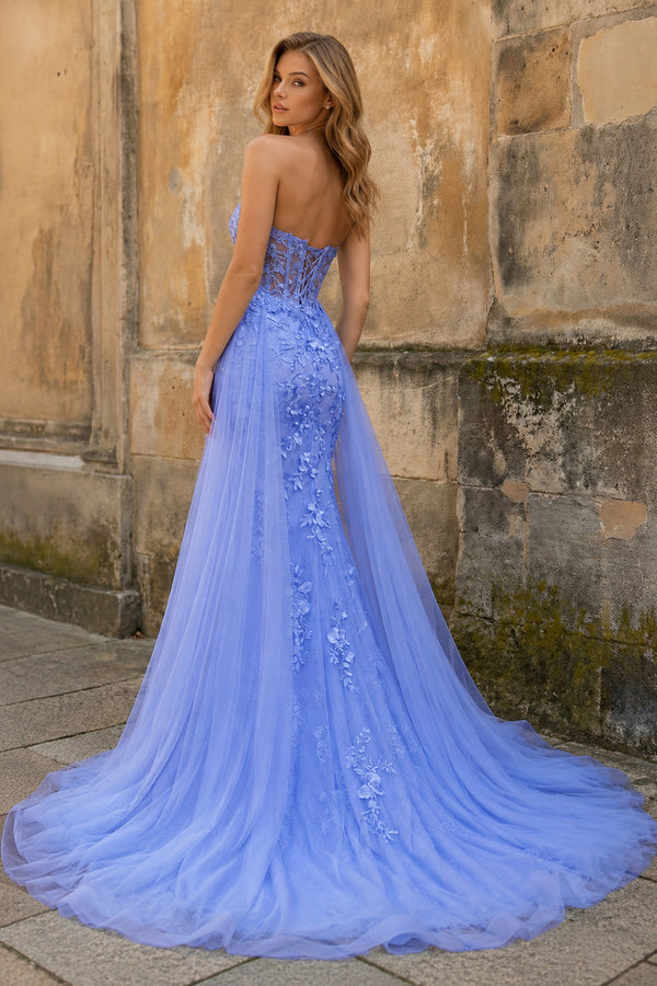 Blue Mermaid Sweetheart Neck Lace Long Prom Dress With Appliques - KissProm
