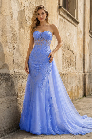 Blue Mermaid Sweetheart Neck Lace Long Prom Dress With Appliques - KissProm