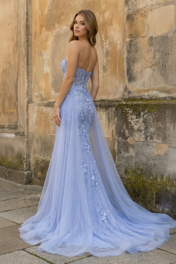 Blue Mermaid Sweetheart Neck Lace Long Prom Dress With Appliques - KissProm