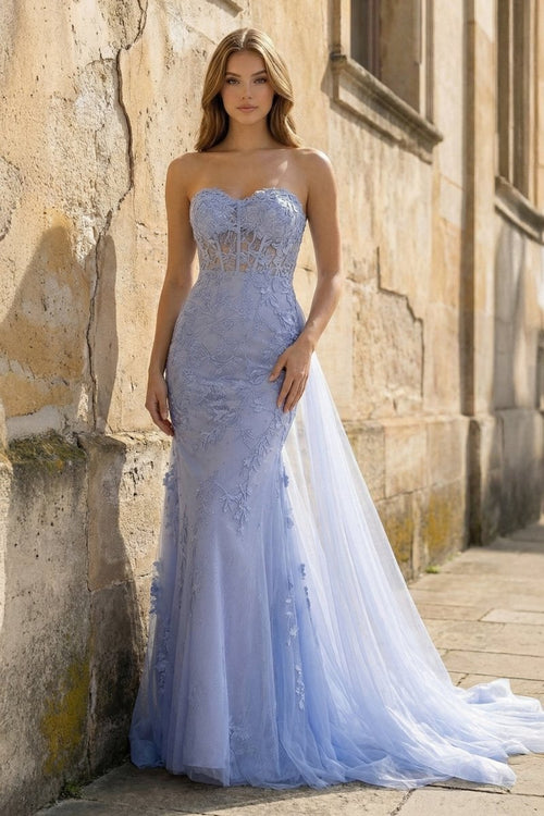 Blue Mermaid Sweetheart Neck Lace Long Prom Dress With Appliques - KissProm