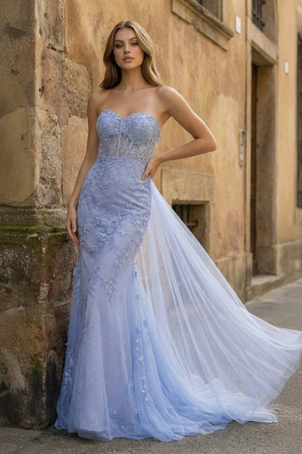 Blue Mermaid Sweetheart Neck Lace Long Prom Dress With Appliques - KissProm