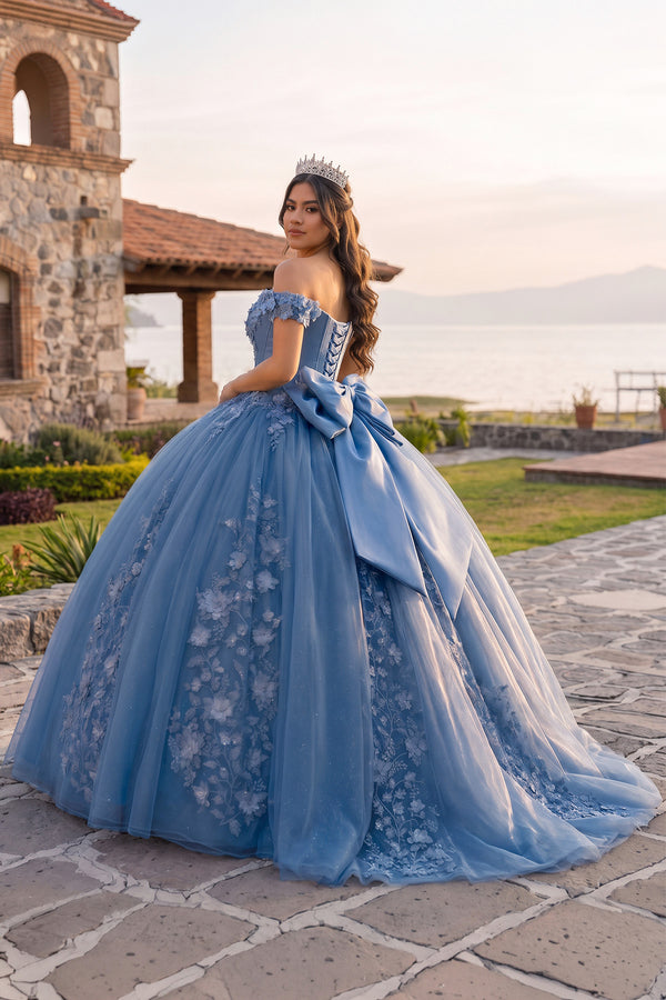 Blue Off Shoulder 3D Floral Applique Quinceanera Dresses (2) | KISSPROM