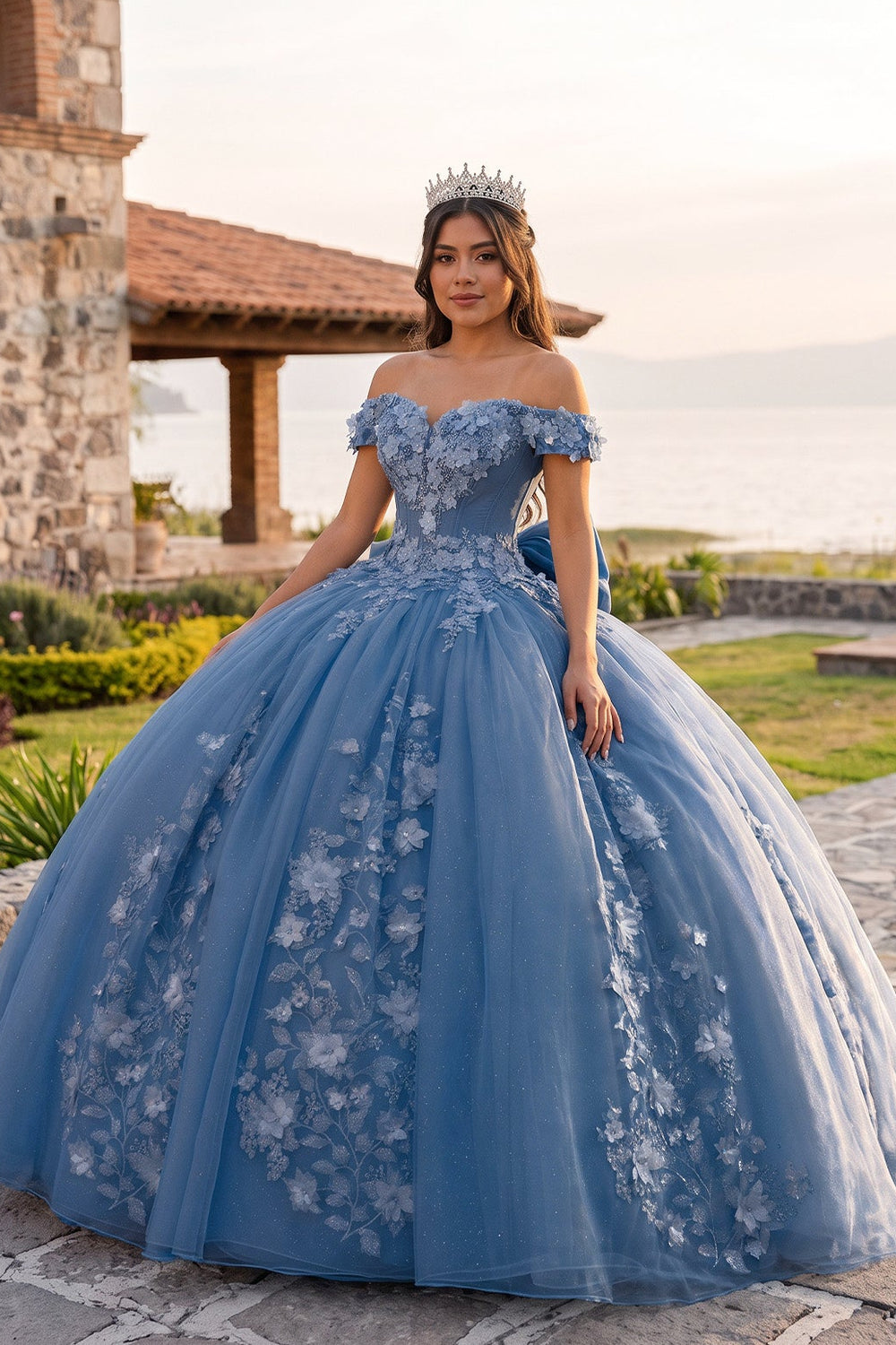 Blue Off Shoulder 3D Floral Applique Quinceanera Dresses | KISSPROM