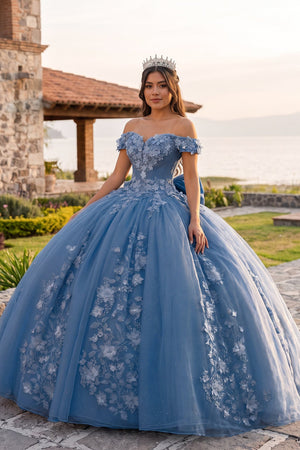 Blue Off Shoulder 3D Floral Applique Quinceanera Dresses | KISSPROM