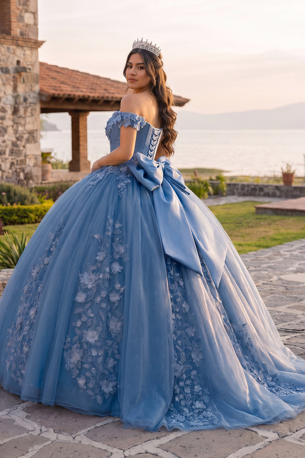 Blue Off Shoulder 3D Floral Applique Quinceanera Dresses - KISSPROM