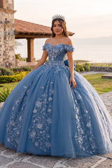 Blue Off Shoulder 3D Floral Applique Quinceanera Dresses - KISSPROM