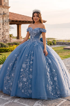 Blue Off Shoulder 3D Floral Applique Quinceanera Dresses - KISSPROM